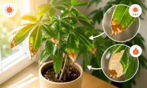 パキラの葉先が茶色く焼ける原因として、直射日光による葉焼け症状を解説した画像