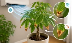 パキラの葉先が茶色くなる原因として、エアコンの風による乾燥ダメージを解説した画像