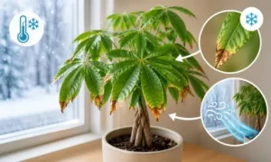 パキラの葉先が茶色くなる原因として、冬の寒さや冷気によるダメージを解説した画像