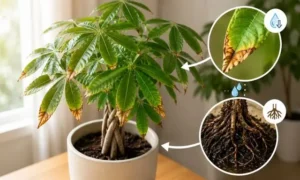 パキラの葉先が茶色くなる原因として、根腐れで水を吸えなくなった症状を解説した画像