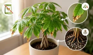 パキラの葉先が茶色くなる原因として、肥料の与えすぎで根が弱った状態を解説した画像