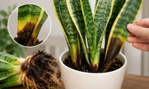 サンスベリアの根腐れ症状を確認している様子｜黒く腐った根と葉元の変色