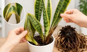 サンスベリアの葉がブヨブヨに柔らかくなった根腐れ症状｜葉元の黒ずみと腐った根の状態