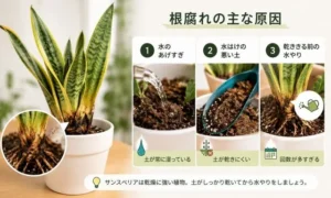 サンスベリアが根腐れする主な原因を解説した画像｜水のあげすぎ・水はけの悪い土・頻繁な水やりに注意