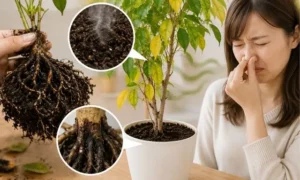 根腐れした植物の黒い根や湿った土から異臭が出ている様子と、臭いを確認している女性のイメージ