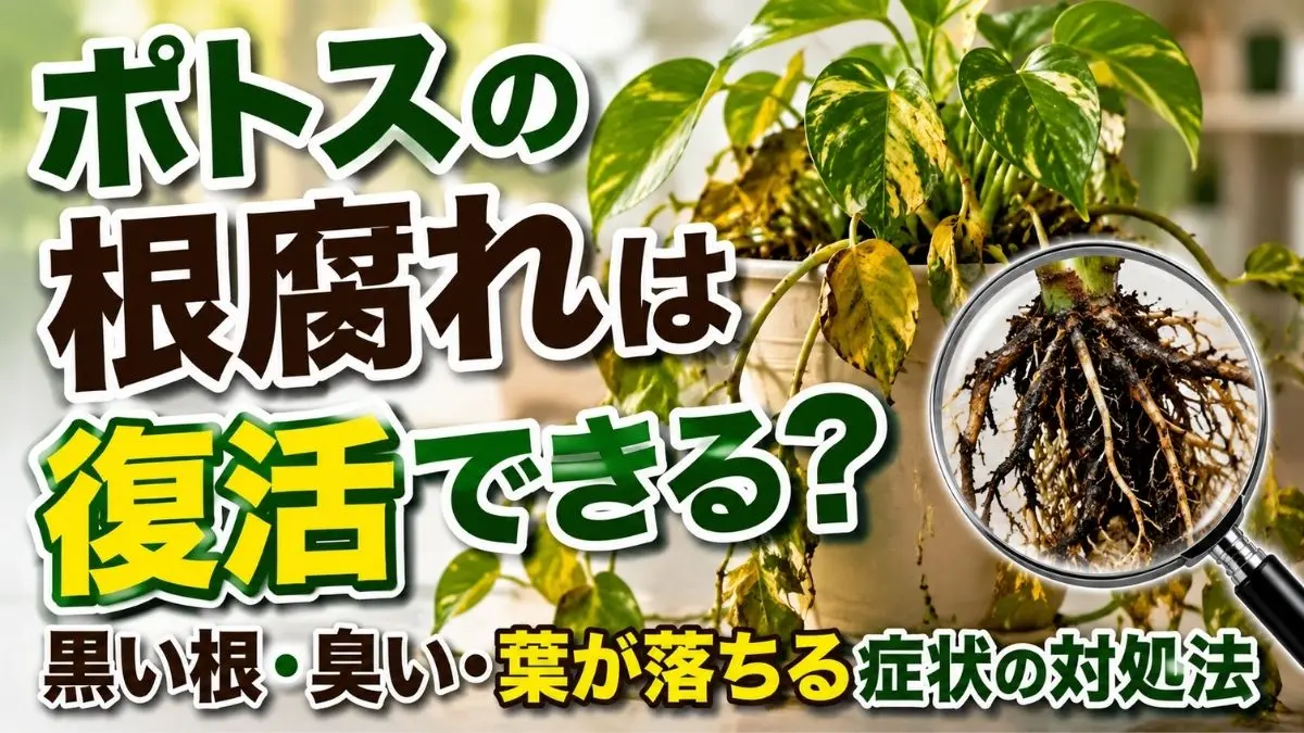 ポトスの黒い根や黄色い葉を比較しながら、根腐れの見分け方と復活できる症状を解説するアイキャッチ画像