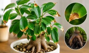 ガジュマルの葉先が茶色く枯れる症状と根腐れによる危険サインを比較したイメージ