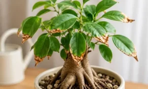 水切れで葉先がパリパリに茶色く枯れたガジュマルの症状イメージ