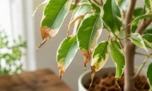 ベンジャミンの葉先が茶色く枯れる症状｜乾燥やエアコンダメージが出た観葉植物の様子