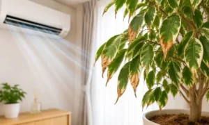 エアコンの風で葉先が茶色く乾燥したベンジャミン｜室内管理で起こる葉枯れ症状