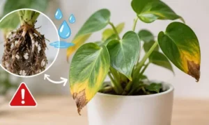 根腐れで葉先が茶色く変色した観葉植物と、傷んだ根の状態を比較表示した水やり過多のイメージ画像
