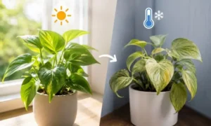 日照不足や寒さで葉色が薄くなった観葉植物と、日当たりの良い環境で元気に育つ植物を比較したイメージ画像