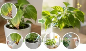 葉先が茶色くなった観葉植物を剪定・水やり・葉水で回復させる管理方法を比較した対処イメージ画像