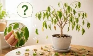 ベンジャミンの葉が大量に落ちる原因を解説するイメージ｜黄色い葉や落葉が増えた観葉植物