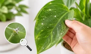 観葉植物の葉に白い点々が出た原因を確認する様子|害虫や白いふわふわの見分け方