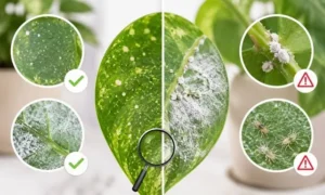 観葉植物の葉に白い斑点が出た原因を比較するイメージ|病気・害虫・白い粉の見分け方