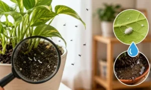観葉植物に発生した黒い小さい飛ぶ虫や白い虫の原因を解説するイメージ画像