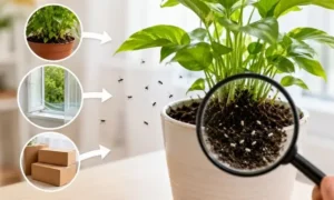 観葉植物に発生する小さい虫の侵入経路や発生原因を解説するイメージ画像