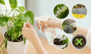 観葉植物に発生した小さい虫をスプレーで駆除している様子。再発防止の管理方法や土・水やり対策を解説