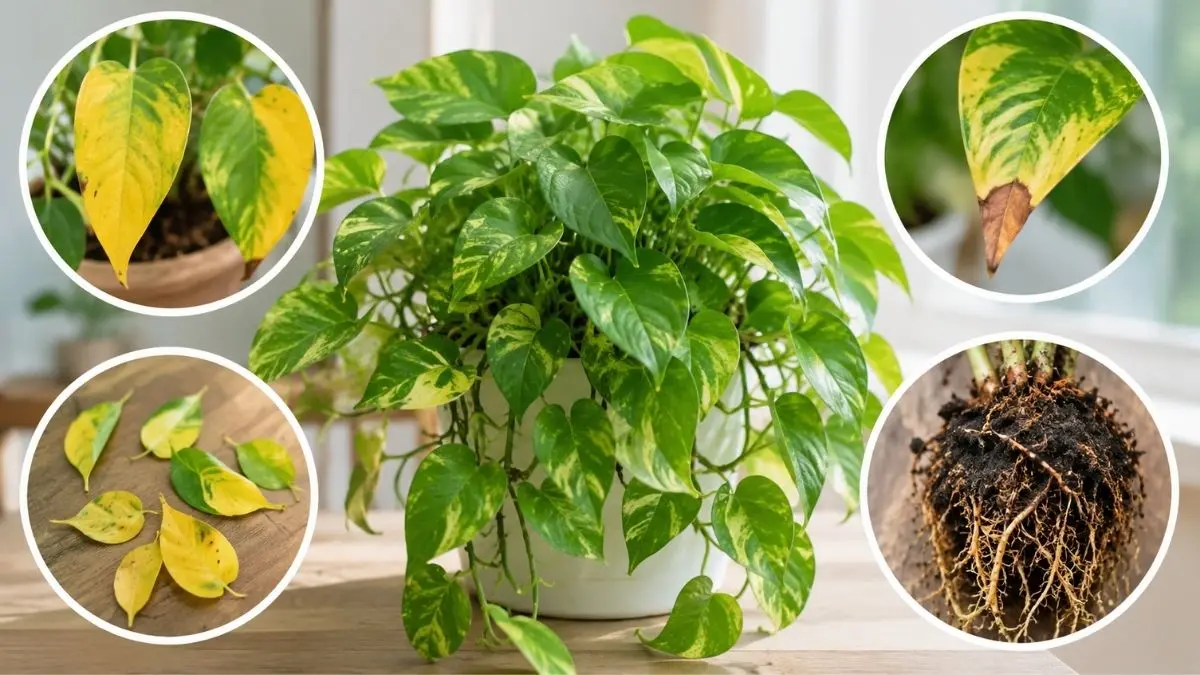 ポトスの葉が黄色い・葉先が茶色い・葉落ち・根腐れ症状をまとめた観葉植物トラブル診断イメージ