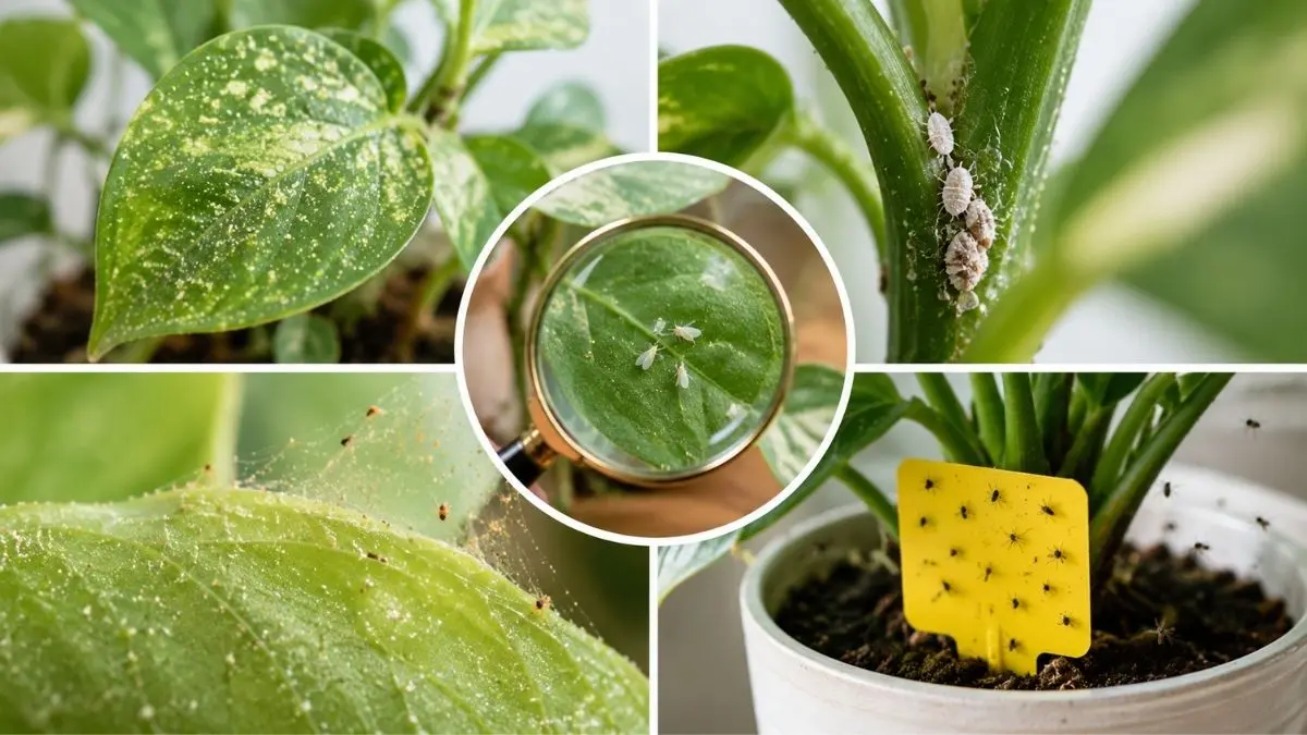 観葉植物の葉に白い点々・ハダニ・白い虫・コバエ発生をまとめた害虫トラブル診断イメージ