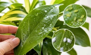 観葉植物の葉がベタベタする原因を調べるために、アブラムシやコナカイガラムシを拡大表示している様子