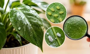 観葉植物の葉がベタベタする原因として、アブラムシやコナカイガラムシなどの害虫を拡大して確認している様子