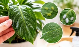 観葉植物の葉にベタベタした水滴が付着し、アブラムシやコナカイガラムシなどの害虫を拡大して確認している様子