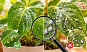 観葉植物の葉に付く蜜腺の水滴と、アブラムシやコナカイガラムシによるベタつきを比較している様子