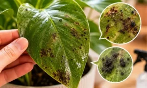 観葉植物の葉がベタベタしたあとに、茶色い汚れや黒いカビ状の汚れが広がっている様子