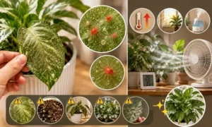 観葉植物に発生したハダニ被害と、乾燥・風通し不足など室内で増える原因をまとめて解説しているイメージ