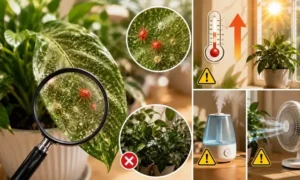 観葉植物に発生したハダニ被害と、乾燥・高温・風通し不足など室内で増える原因をわかりやすくまとめた画像