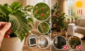 室内の観葉植物に発生したハダニ被害と、乾燥・高温・風通し不足など増えやすい環境を解説している画像
