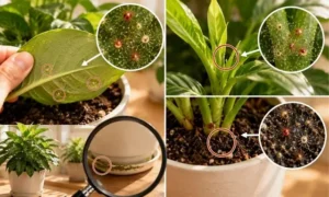 観葉植物に発生しやすいハダニを、葉裏・新芽・鉢まわりなど発見しやすい場所ごとに拡大して確認している画像