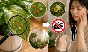 観葉植物に発生したハダニを拡大表示し、人への影響や肌トラブルとの関係を解説しているイメージ