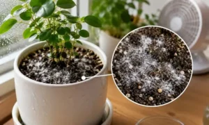 観葉植物の土に白カビが発生する原因と湿気・風通し不足の関係がわかるイメージ画像