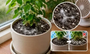 観葉植物の土が乾かず白カビが増える原因と湿気・風通し不足の関係がわかるイメージ画像