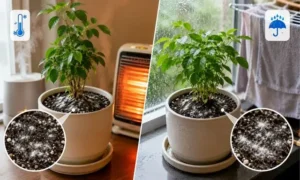 冬の室内や梅雨時期に観葉植物の土へ白カビが発生しやすくなる原因を解説するイメージ画像