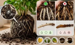 観葉植物の健康な根と根腐れした根の違い、白カビ発生時の危険サインがわかる比較イメージ画像