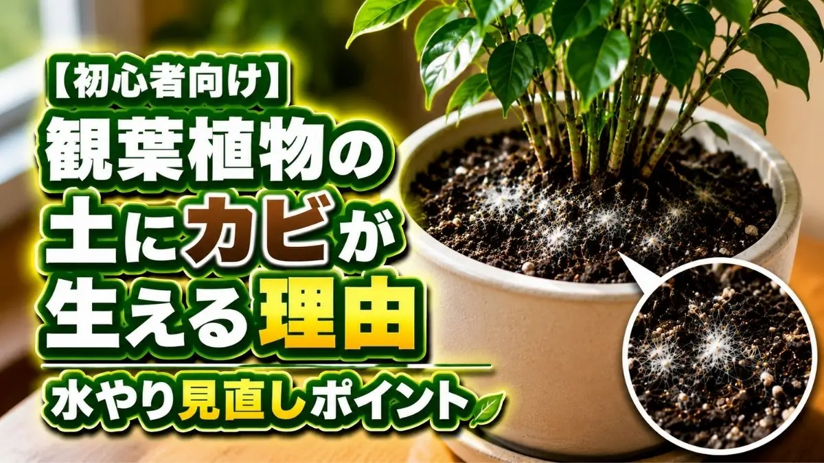 観葉植物の土に白いカビが生える原因と水やり見直しポイントを解説するアイキャッチ画像