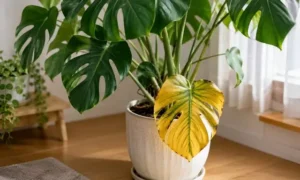 日照不足で下の葉が黄色くなったモンステラを室内の窓辺で撮影した観葉植物管理イメージ