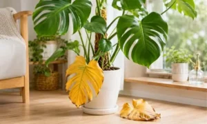 古い下葉だけ黄色くなったモンステラを明るい室内で撮影した観葉植物の自然な葉の変化イメージ