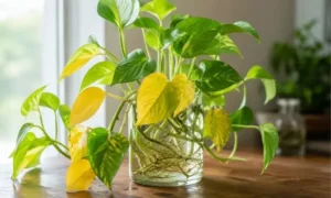 水栽培のポトスの葉が黄色く変色し始めた原因をイメージした観葉植物のアイキャッチ画像