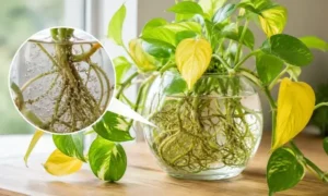 水耕栽培のポトスの根が酸欠になり葉が黄色くなる原因をイメージした観葉植物の画像