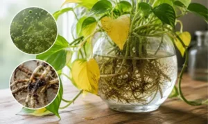 水の交換不足で雑菌が増えた水栽培のポトスと黒ずんだ根腐れ症状をイメージした観葉植物のアイキャッチ画像
