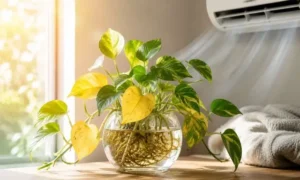 直射日光やエアコン風の影響で葉が黄色くなった水栽培のポトスをイメージした観葉植物のアイキャッチ画像