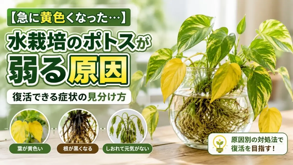 水栽培のポトスが黄色く弱る原因と復活サインを比較しながら解説した高コントラストの観葉植物アイキャッチ画像