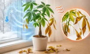 冬の窓際で寒さストレスにより葉が黄色く落ち始めたパキラと、寒暖差によるダメージ症状を比較した高コントラストの観葉植物イメージ