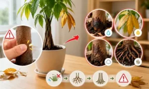 柔らかくなったパキラの幹を押して危険サインを確認している様子と、根腐れ・黄化・黒ずみ症状を比較した診断イメージ