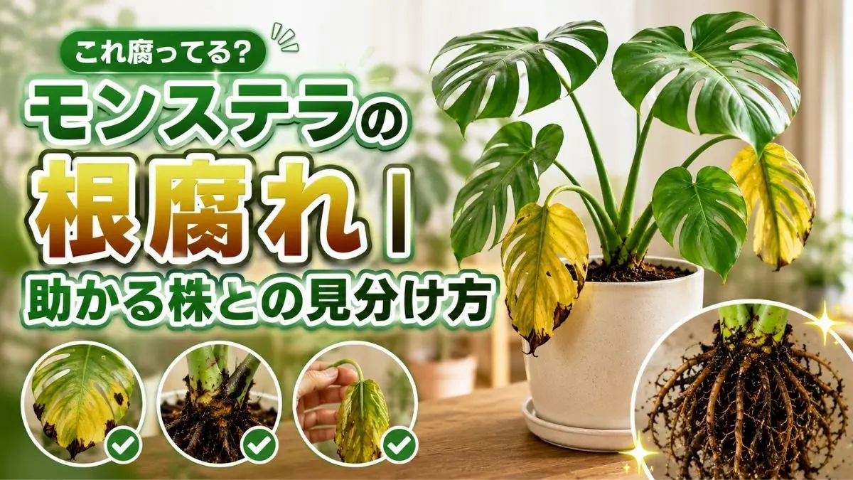 黄色く変色したモンステラの葉と黒ずんだ根を比較しながら、根腐れの見分け方を解説する高コントラストのアイキャッチ画像
